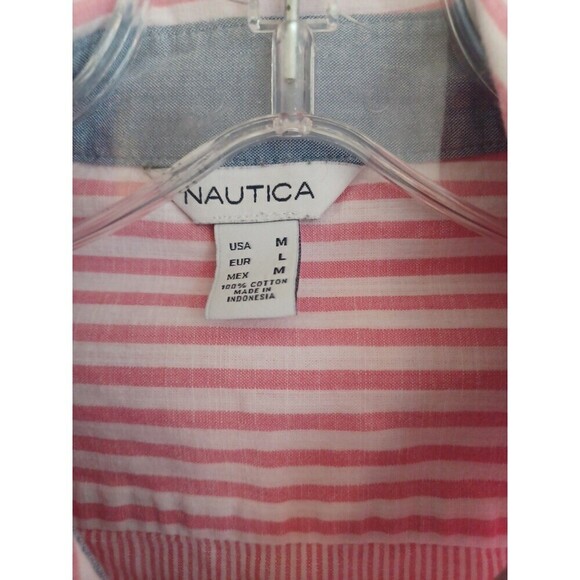 Nautica pink stripe buttondown shirt womens M cotton beach Coastal Granny preppy - Picture 2 of 11